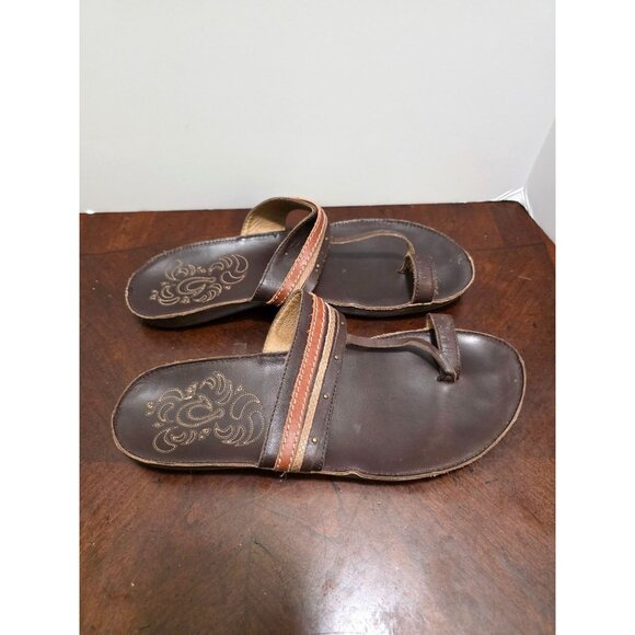 OLUKAI Women's Handcrafted Brown Leather Slip-On Sandals With Toe Loop & Embosse - Picture 4 of 10